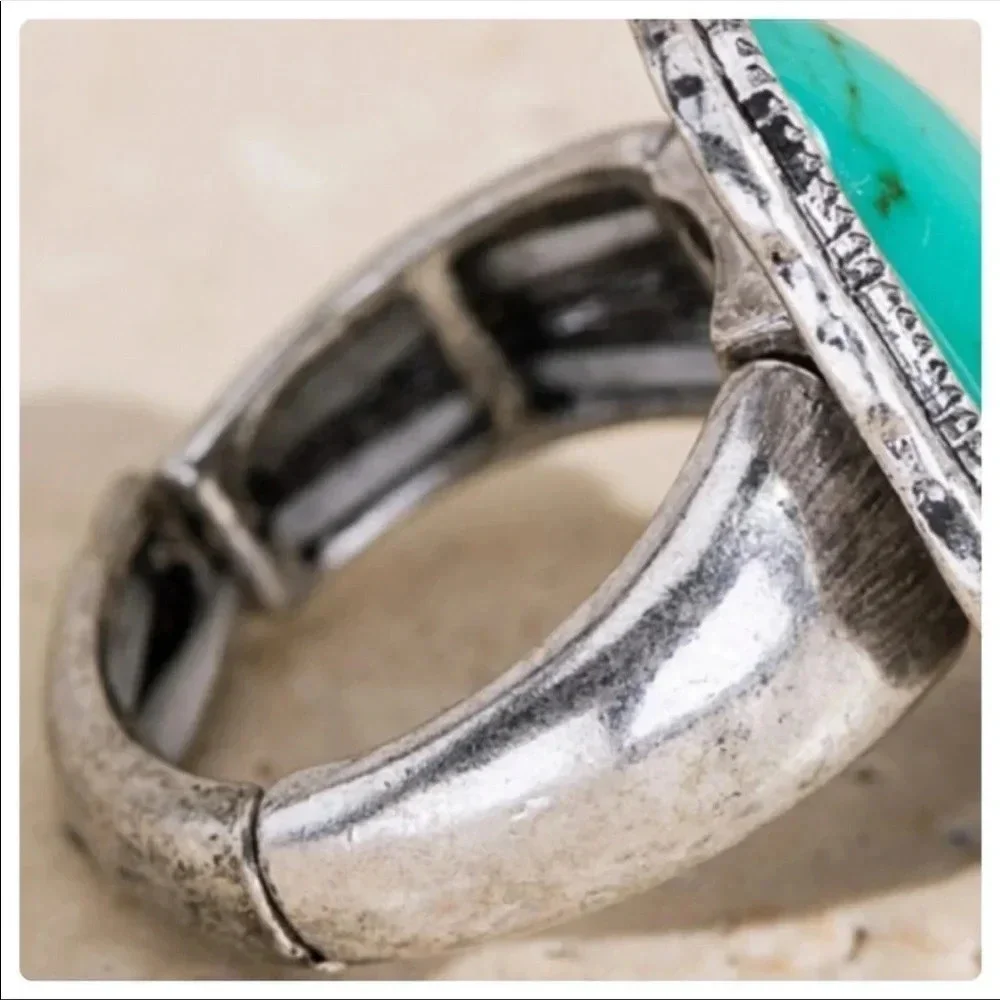 Boho Turquoise Statement Ring | Silver Stretch Western Jewelry
